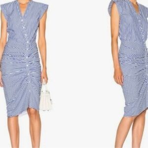 Veronica Beard Blue and White Striped Ruched V-Neck Midi Dress